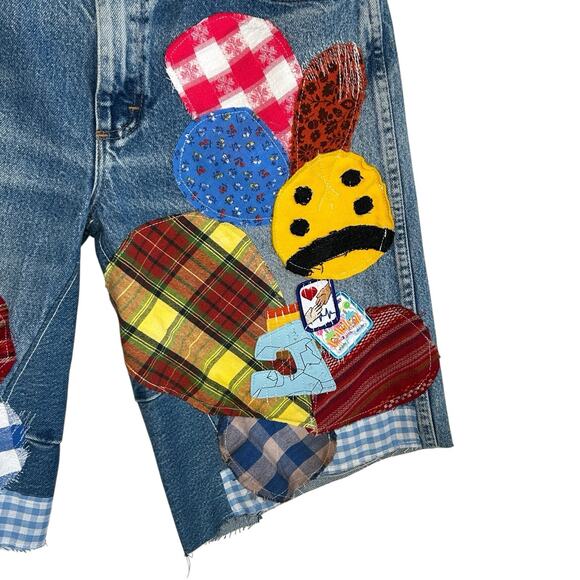 Reworked OOAK Jorts Denim Patchwork‎ Shorts Y2k Streetwear Maximalist Mens 34X13 - Picture 4 of 13
